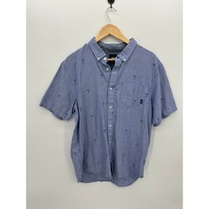Vans Mens Large Blue Palm Tree Embroidered Short Sleeve Button Down Shirt Vaca